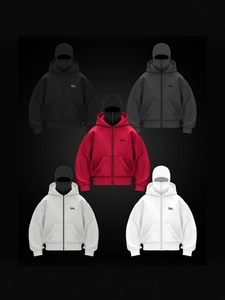 Streetwear Balaclava Hoodie Zip Up Sweatshirt Integrated Mask Hooded Jacket Loose Fit Casual Fashion Outerwear Polyester Printed