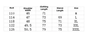 Detailed size chart for men's hoodies showing chest, shoulder, and sleeve measurements