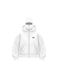 White street style zip-up hoodie featuring a unique integrated full-face mask design