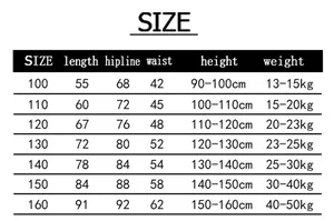 Detailed size chart for kids fleece hoodie set covering heights from 90cm to 160cm