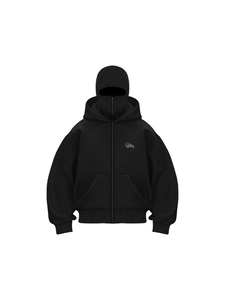 Streetwear black zip-up hoodie with unique balaclava double hood and loose fit
