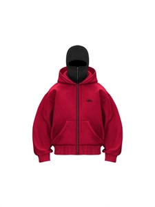 Oversized red zip-up hoodie with unique double hood design and black graphic print