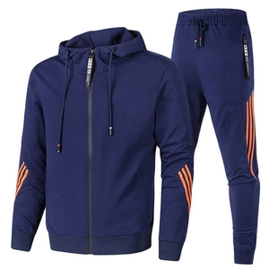 Navy blue men's tracksuit set with bright orange side stripes and hooded zipper jacket