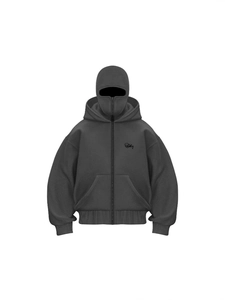 Charcoal grey zip hoodie with balaclava hood and street style graphic print