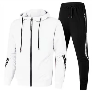 Men's white zip-up hoodie and black joggers tracksuit set with Reborn logo