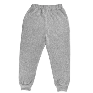 Close-up of grey knitted kids sports pants showing elastic waistband and ribbed cuffs