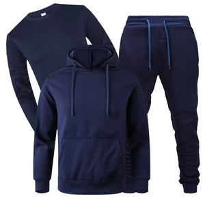 Three-piece navy blue fleece tracksuit with sweatshirt, hoodie and matching joggers