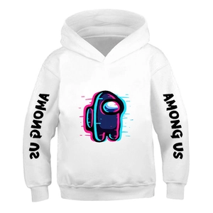 Detail of white cotton kids hoodie with colorful Among Us character print and logo