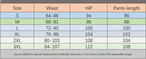 Detailed size chart for men's slim fit sports pants including waist and length measurements