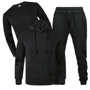 Three-piece black fleece tracksuit set including hoodie, sweatshirt, and joggers