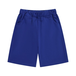 Detail view of royal blue kids cotton shorts with elastic waistband and side pockets