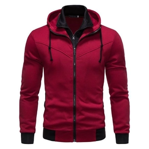 Slim fit burgundy and black hooded jacket for men featuring a layered two-piece design