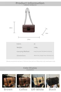 Detailed chart showing PU leather crossbody bag dimensions with V-quilt pattern
