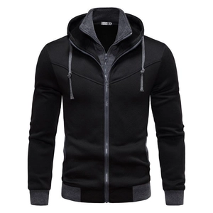 Men Fashion Casual Fake Two-Piece Hoodie Contrast Color Slim Fit Hooded Zip-Up Jacket Sporty Polyester Cotton Blend Fleece Sweatshirt