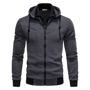 Slim fit men's zip-up hoodie with a dark grey body, black contrast trim, and a hooded collar