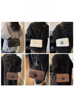 Collage of quilted leather crossbody bags with V-stitch texture and chain straps