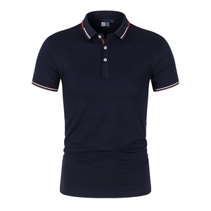 Detail of navy Polo shirt with striped collar and sleeve trim and white buttons