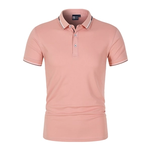 Men's peach pink short sleeve Polo shirt with black and white striped ribbed collar