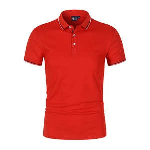Detail of red Polo shirt collar with blue-white stripes and three white buttons