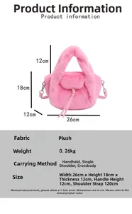 Detailed view of pink plush handbag dimensions and specifications for stylish winter wear