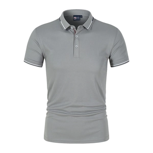 Grey men's polo shirt with blue and white striped collar and sleeve details