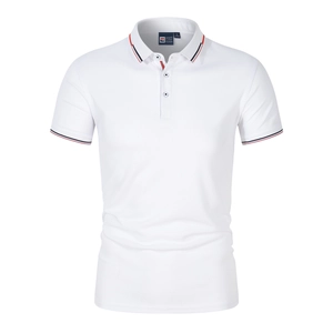 Classic white short-sleeved polo shirt with stylish red and blue contrast striped collar
