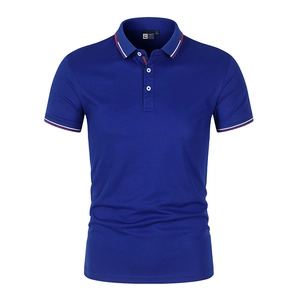 Classic dark blue men's polo shirt with red and white striped ribbed collar and cuffs