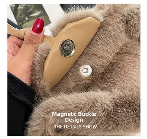 Detail shot of the secure magnetic closure and leather trim on the plush handbag