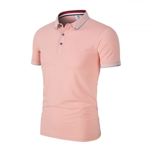Polo en Soie Glacée pour Hommes Été Manches Courtes Respirant Coupe Cintrée Décontracté Col à Rayures Contrastées Mode Business
