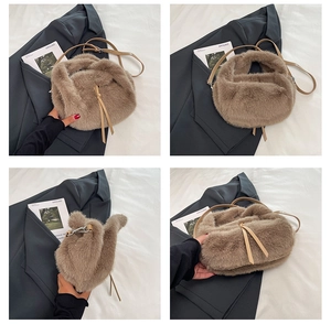 Detailed views of a brown plush faux fur handbag with drawstring and leather strap