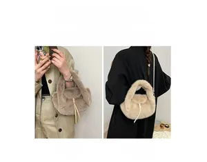 Faux fur handbag details showing handheld and crossbody options in brown and beige