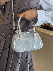 Blue denim crossbody bag with silver sequins and metallic handles for women