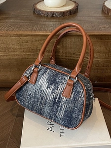 Sequin denim Boston crossbody bag with brown leather trim and silver hardware