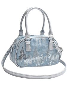 Blue denim crossbody bag with silver sequins and metallic straps in a Boston style