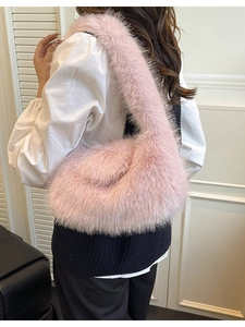 Minimalist light pink faux fur tote bag for women featuring a fluffy plush texture