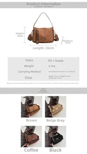 Detailed size chart for retro PU and suede crossbody bag with 26x18x10cm dimensions