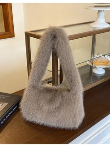 Elegant taupe faux fur tote bag for women featuring a soft plush texture for autumn winter