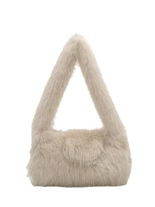 Minimalist beige faux fur tote bag with soft fluffy texture and a triangle handle design
