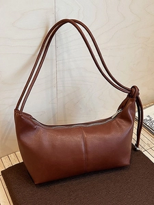 Vintage Women PU Leather Hobo Shoulder Bag Large Capacity Solid Color Knot Strap Metal Ball Decor Minimalist Handbag Underarm Bag