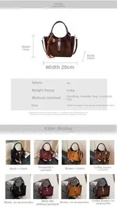 Detail view of the elegant PU leather bucket bag with tassels and wooden charm decoration