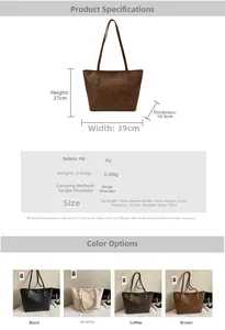 Detailed size specifications and material chart for the minimalist large PU leather tote bag