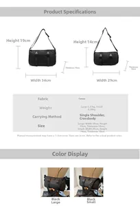 Detailed size guide and material specs for black fabric crossbody bag in two sizes
