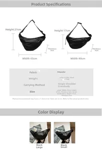 Detailed size chart for black nylon crossbody bag showing large and small bag dimensions
