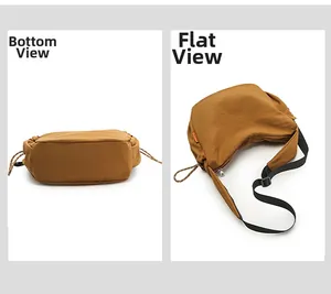 Dettaglio della borsa a tracolla in nylon caramello con coulisse laterale e vista fondo