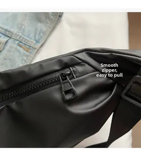 Detail of the smooth resin zipper and matte black metal puller on the black crossbody bag