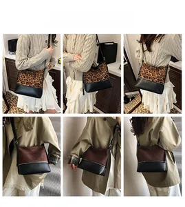 Leopard print and brown suede crossbody bags shown on model with adjustable straps