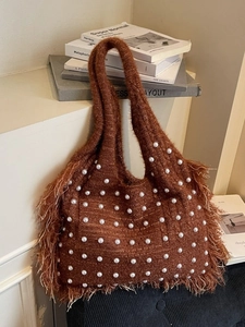 Women Vintage Knit Tote Bag Large Capacity Shoulder Bag With Faux Artificial Pearl Embellishment And Tassels For Commute Casual