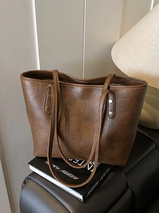 Retro large brown tote bag in oil wax leather texture for women office and commute wear