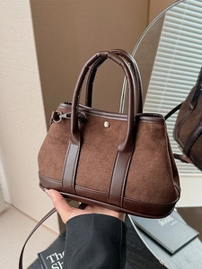Women Retro Suede PU Leather Splicing Bucket Bag Large Capacity Commuting Fashion Tote Shoulder Crossbody Bag Handbag