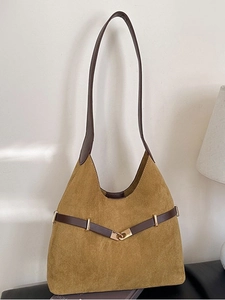 Vintage Suede Tote Bag For Women Large Capacity Shoulder Bag With Belt Decoration Retro Underarm Bag Casual Commuter Handbag